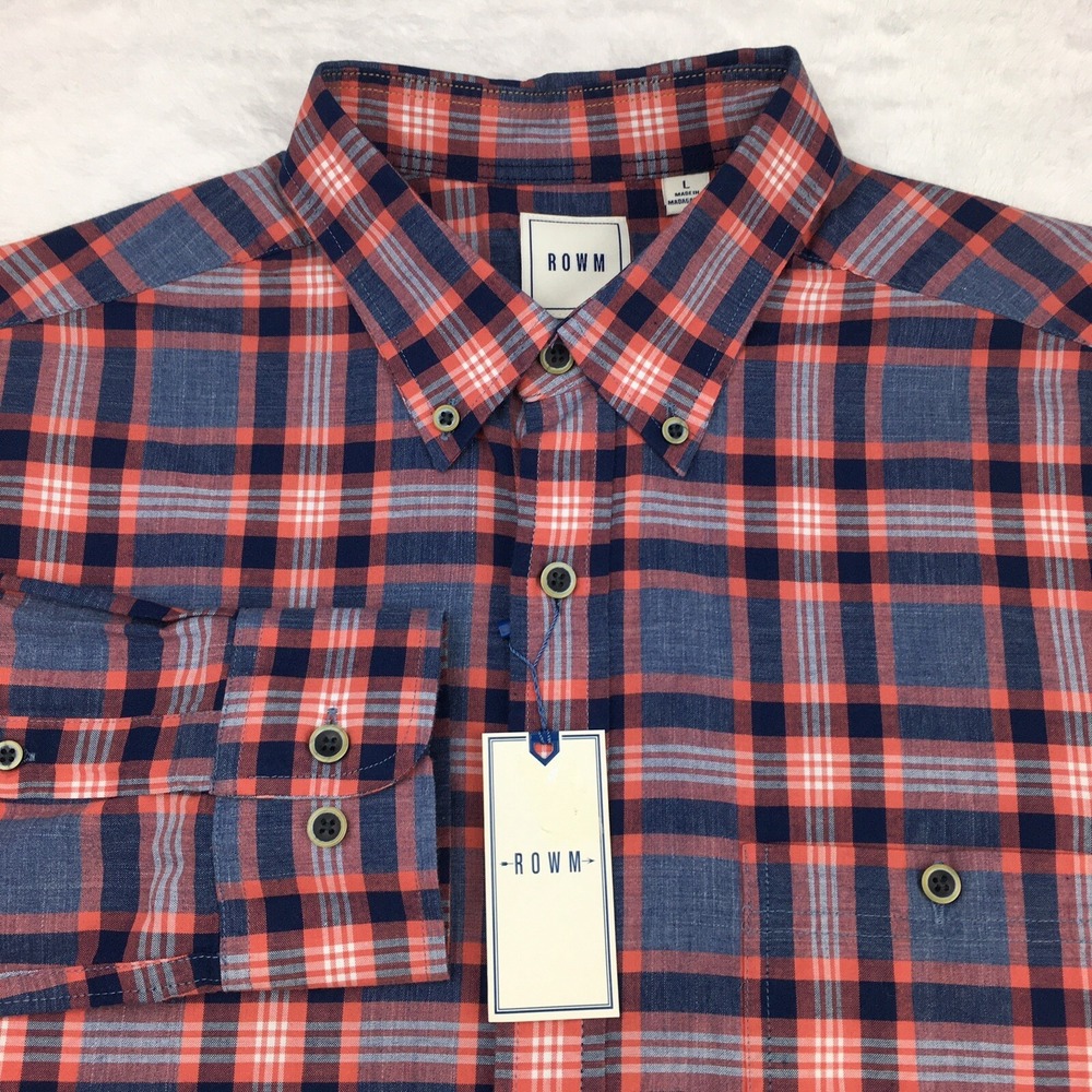 ROWM Shirt Mens Large Blue/Pink Plaid Long Sleeves NWT!